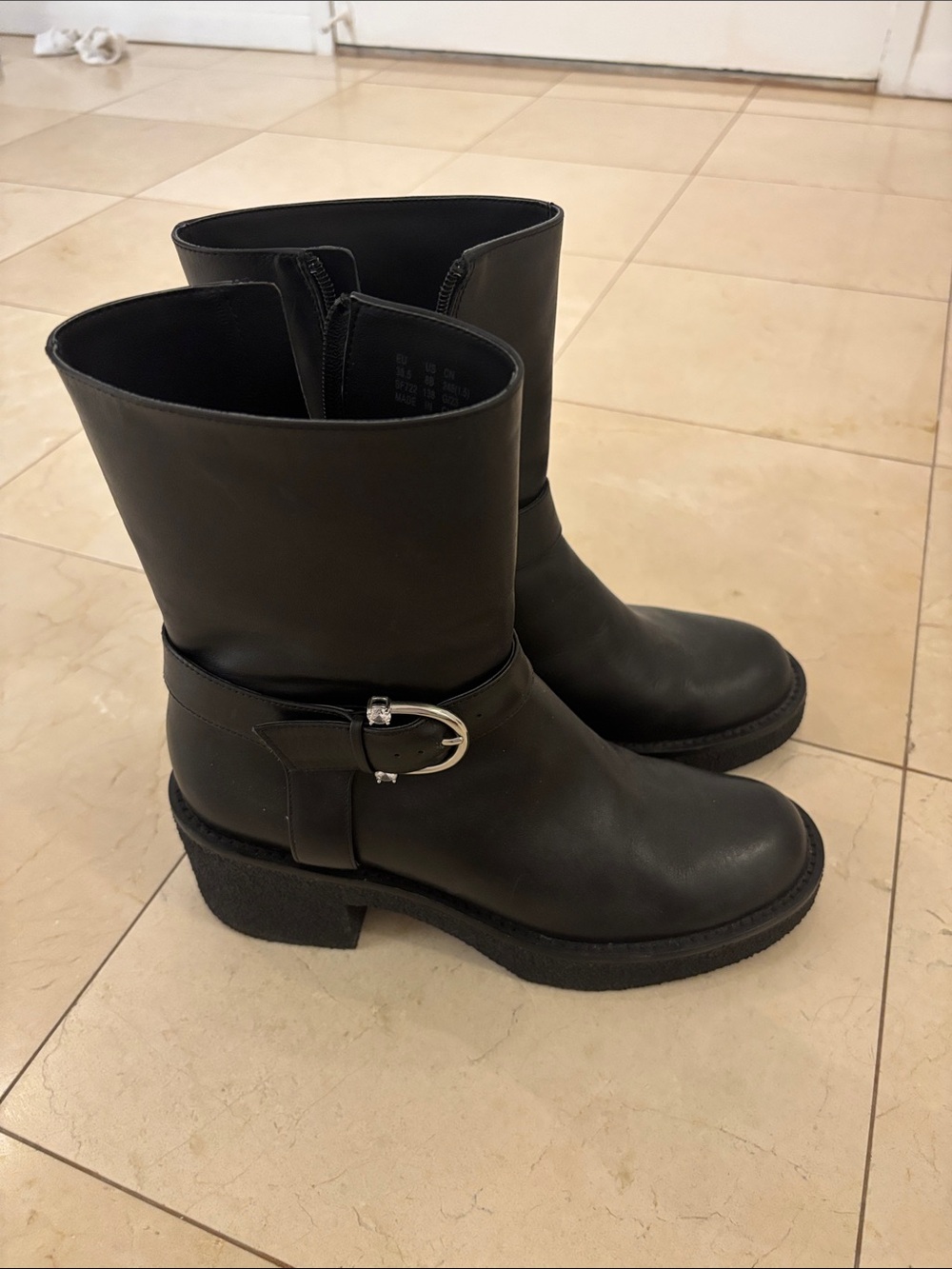 Stuart Weitzman Black Mid-Calf Buckle Heeled Boots